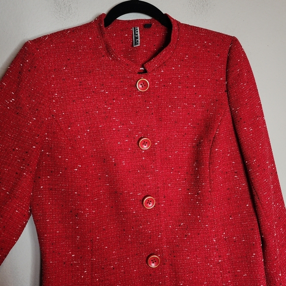 Mary Kay Red Tweed Button Jacket Long Blazer Mock Neck Size Medium Tall - Picture 6 of 16